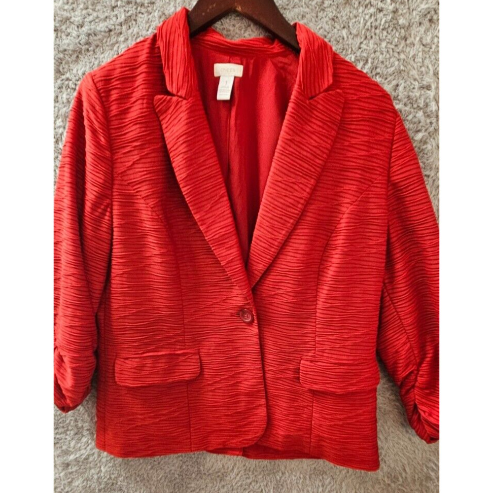 Chico's Sz 1 Red Open Front Ruched 3/4 Sleeve Blazer Jacket Textured Medium